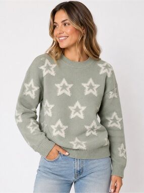Sage Green Star Knit Sweater Large